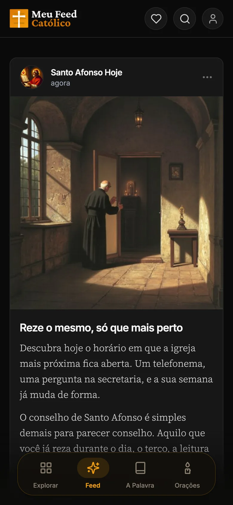 Feed do app com publicações sobre o santo do dia e reflexões do Evangelho.
