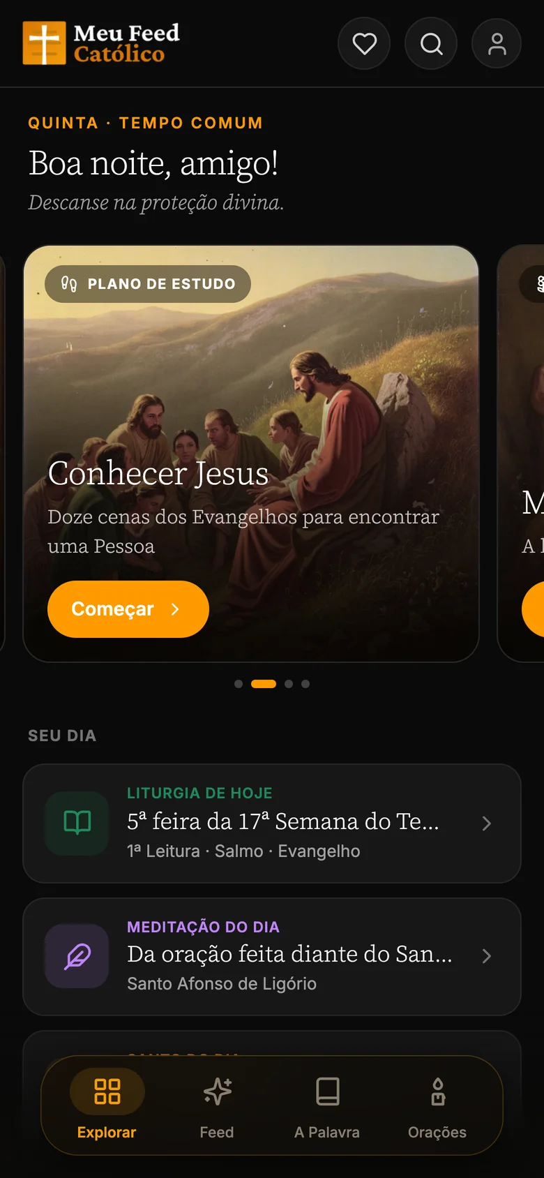 Tela inicial do app, com o plano de estudo em destaque e a liturgia de hoje.