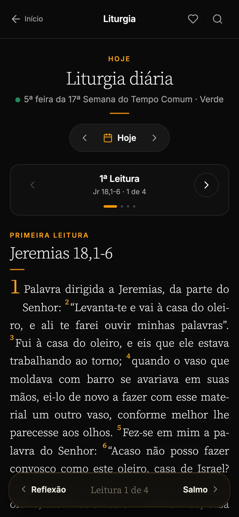 Liturgia diária do app, com a primeira leitura do dia.