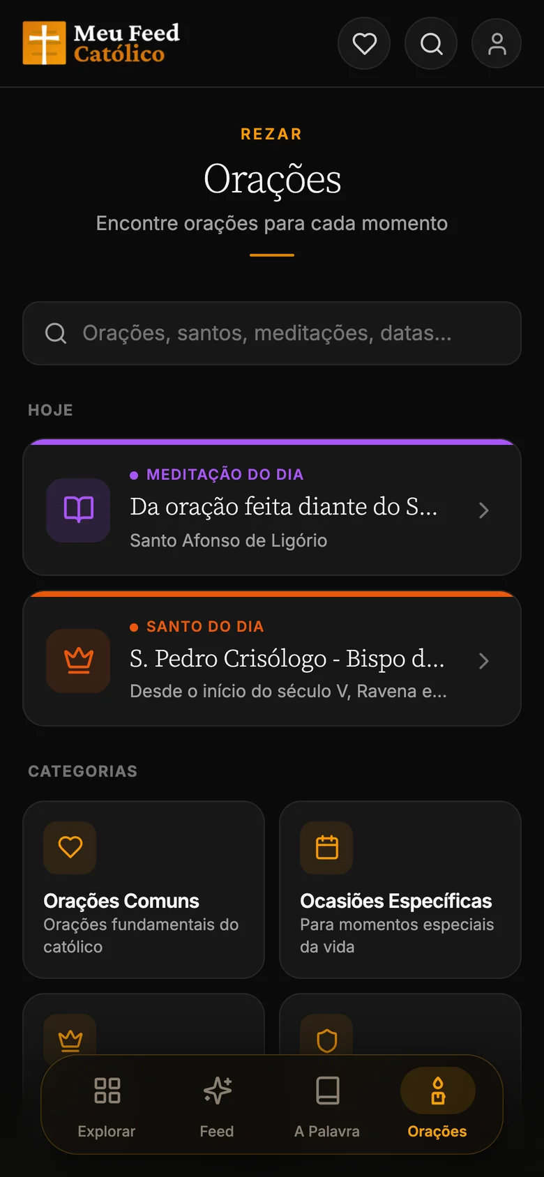 Tela de orações, com a meditação do dia, o santo do dia e as categorias.