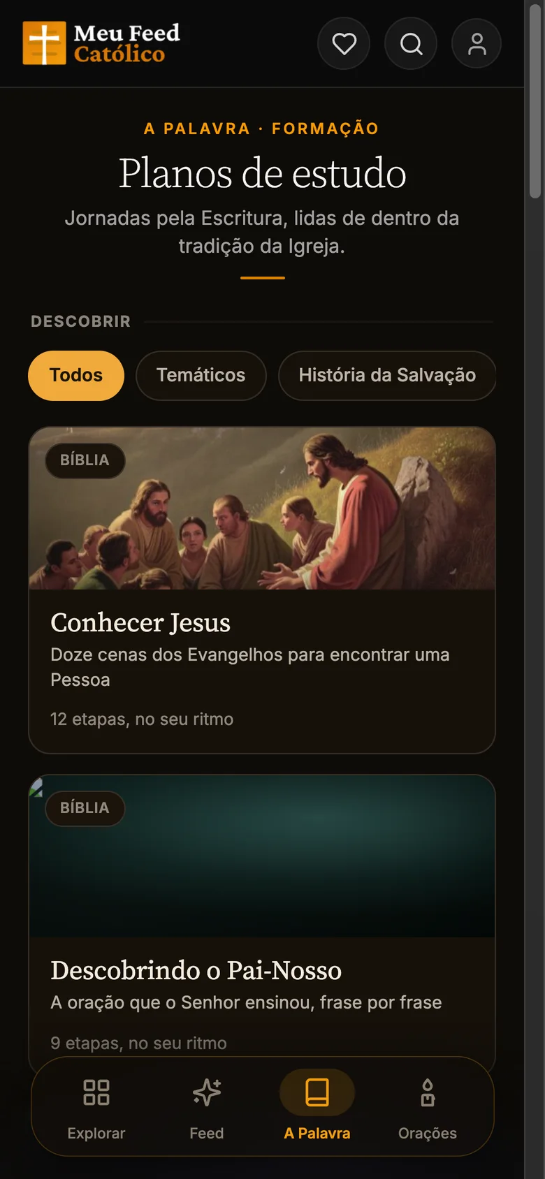 Tela de planos de estudo do app, com os planos Conhecer Jesus e Descobrindo o Pai-Nosso.